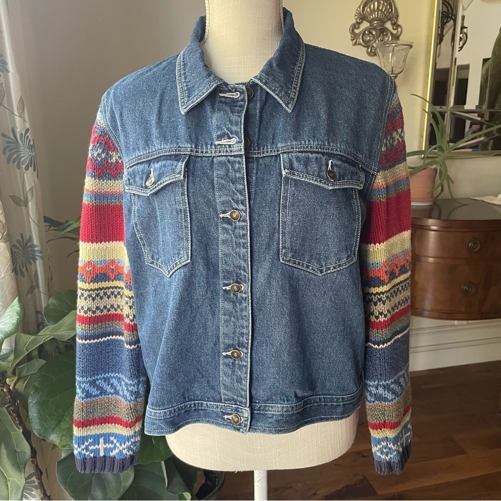 David Brooks Blue Jean Jacket with Multicolor Sleeves